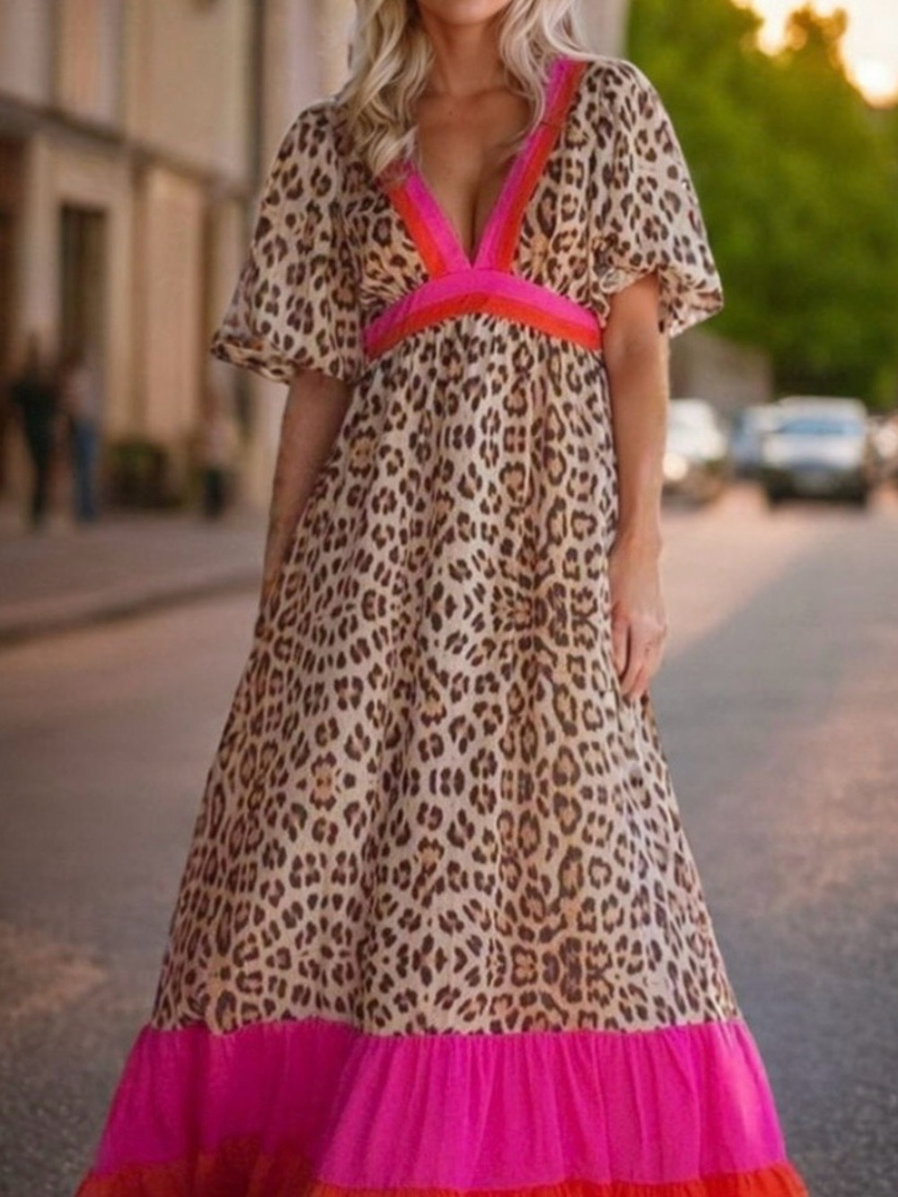 Leopard Print V-Neck Maxi Dress with Hot Pink Trim